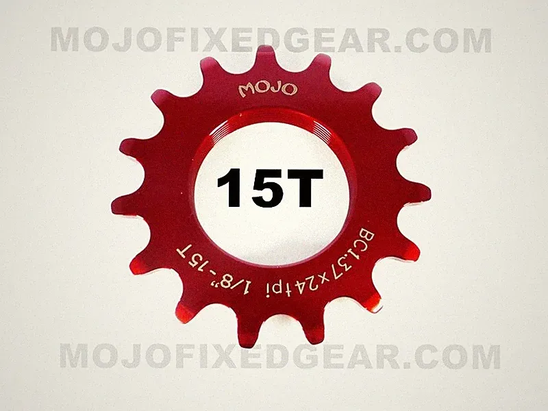 MOJO 15T FIXED GEAR COG - RED ANODIZED Cro-Mo TRACK 15 TOOTH 1/8 INCH CNC